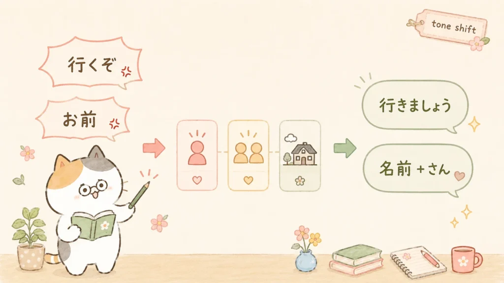 Cat character showing a tone shift from rude Japanese phrases 行くぞ and お前 to polite 行きましょう and name plus さん