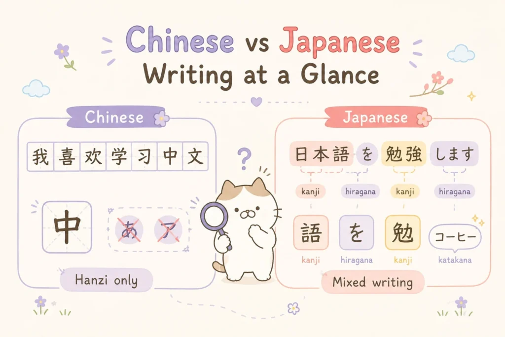 d0169d96-e483-4305-83f1-5de2fc325b91 Diagram comparing Chinese hanzi-only writing to Japanese mixed writing with kanji, hiragana, and katakana labeled in a sample sentence