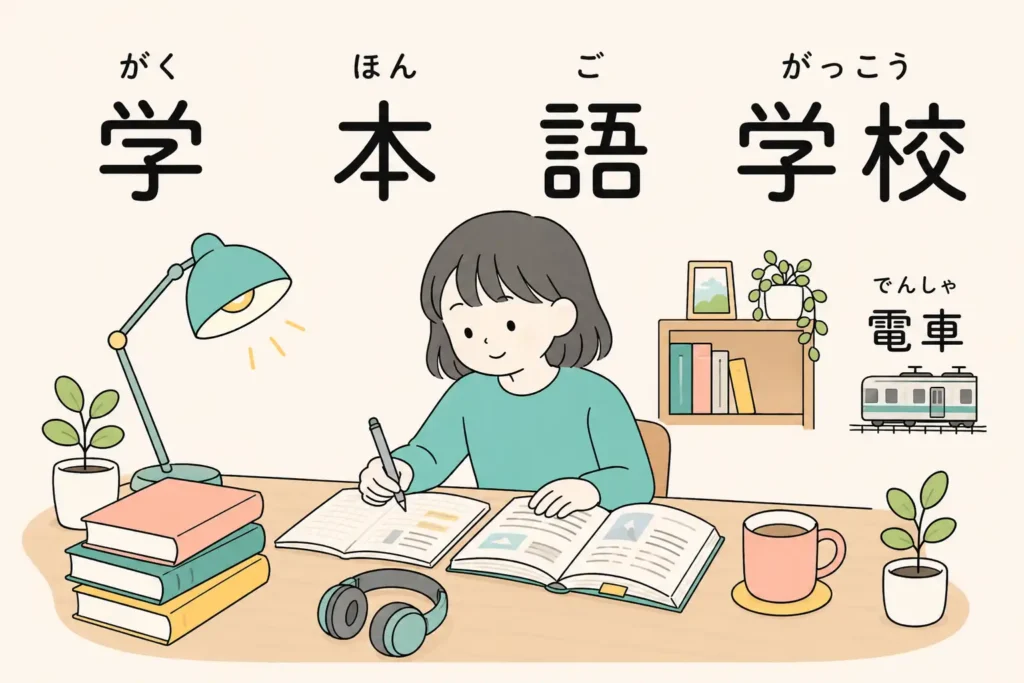JLPT N5 kanji flashcards for 学, 本, 語, 学校, and 電車 with a woman studying at a desk