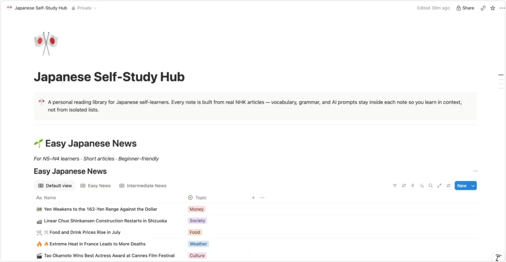 Article log. A simple list of every NHK article I have studied, with a one-line summary and the date. Seeing the log grow is surprisingly motivating.