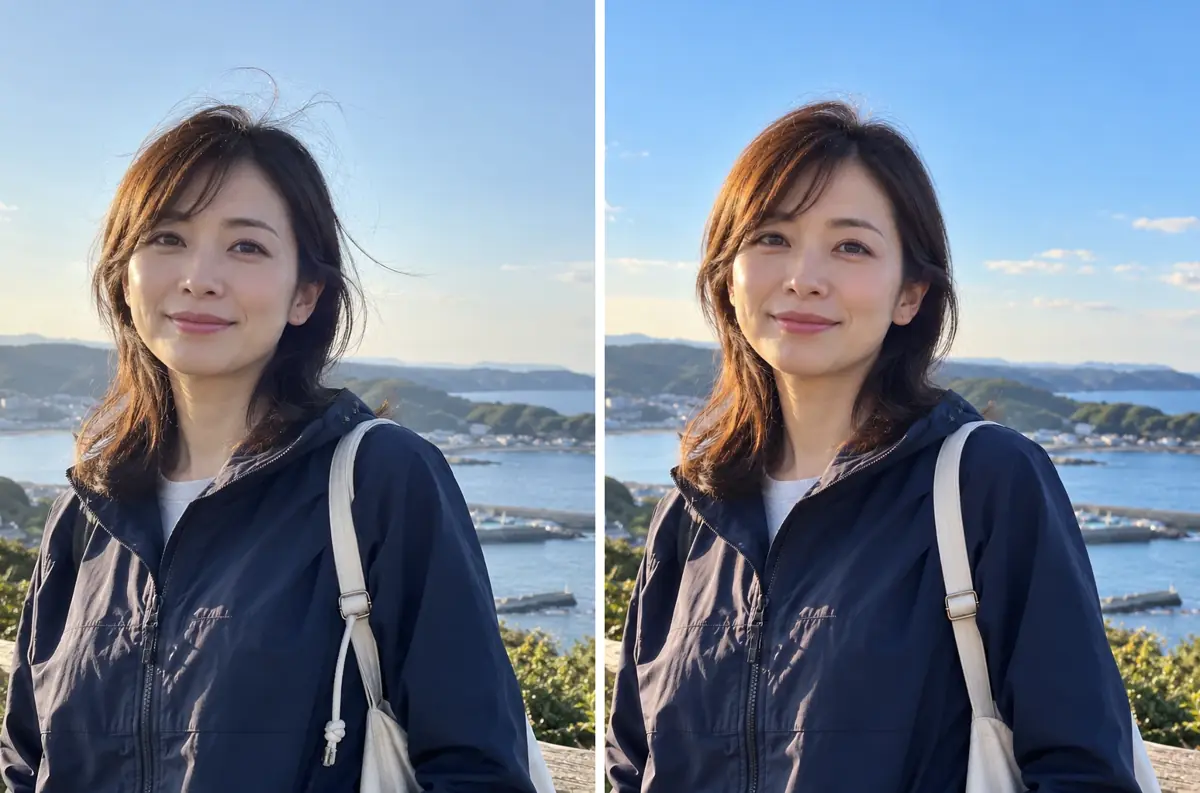 海の見える展望台での人物写真。左は髪が風ではね、バッグに白いひもが垂れている元の写真、右は髪が整い、ひもが消え、空が青くなった写真