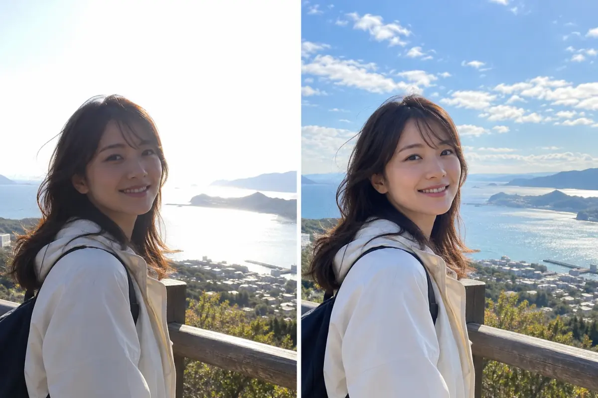 海が見える展望台での人物写真。左は逆光で空が白飛びした元の写真、右は青空と雲が戻り顔が明るくなった補正後の写真
