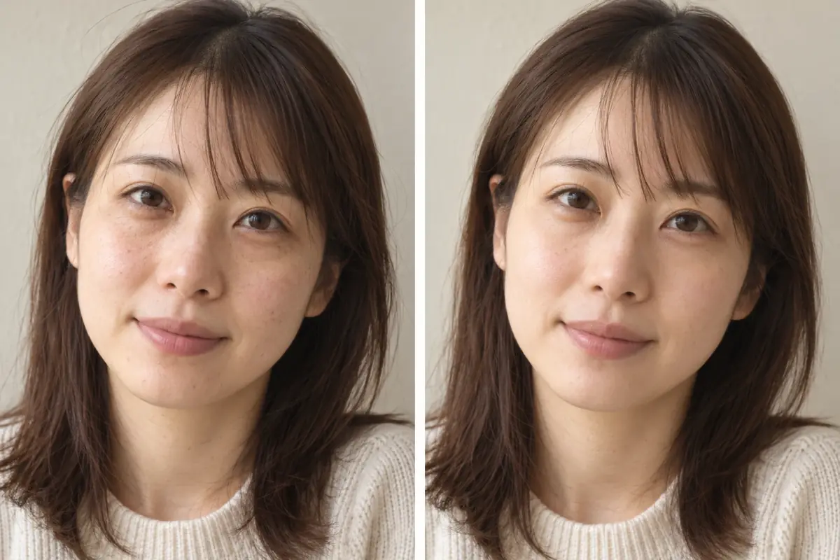 女性の顔のアップ。左は元の写真、右は顔立ちを変えずに肌のムラと髪を自然に整えた写真