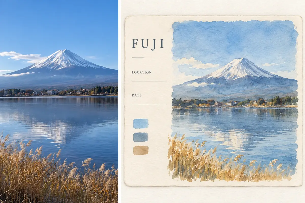 河口湖から見た富士山の写真と、それを水彩イラストにしてFUJIのタイトル、LOCATIONとDATEの欄、3色のカラーパレットを入れたポストカード