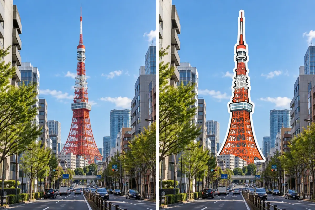 大通りの先に見える東京タワーの写真。右は東京タワーだけが白いふち付きの手描きステッカーになり、街並みは元の写真のまま