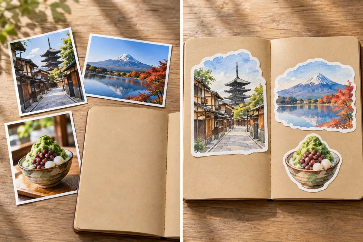 八坂の塔、紅葉と富士山、抹茶かき氷の3枚の写真と空の手帳。右は3枚が白いふちの水彩ステッカーになって手帳の見開きに貼られたコラージュ