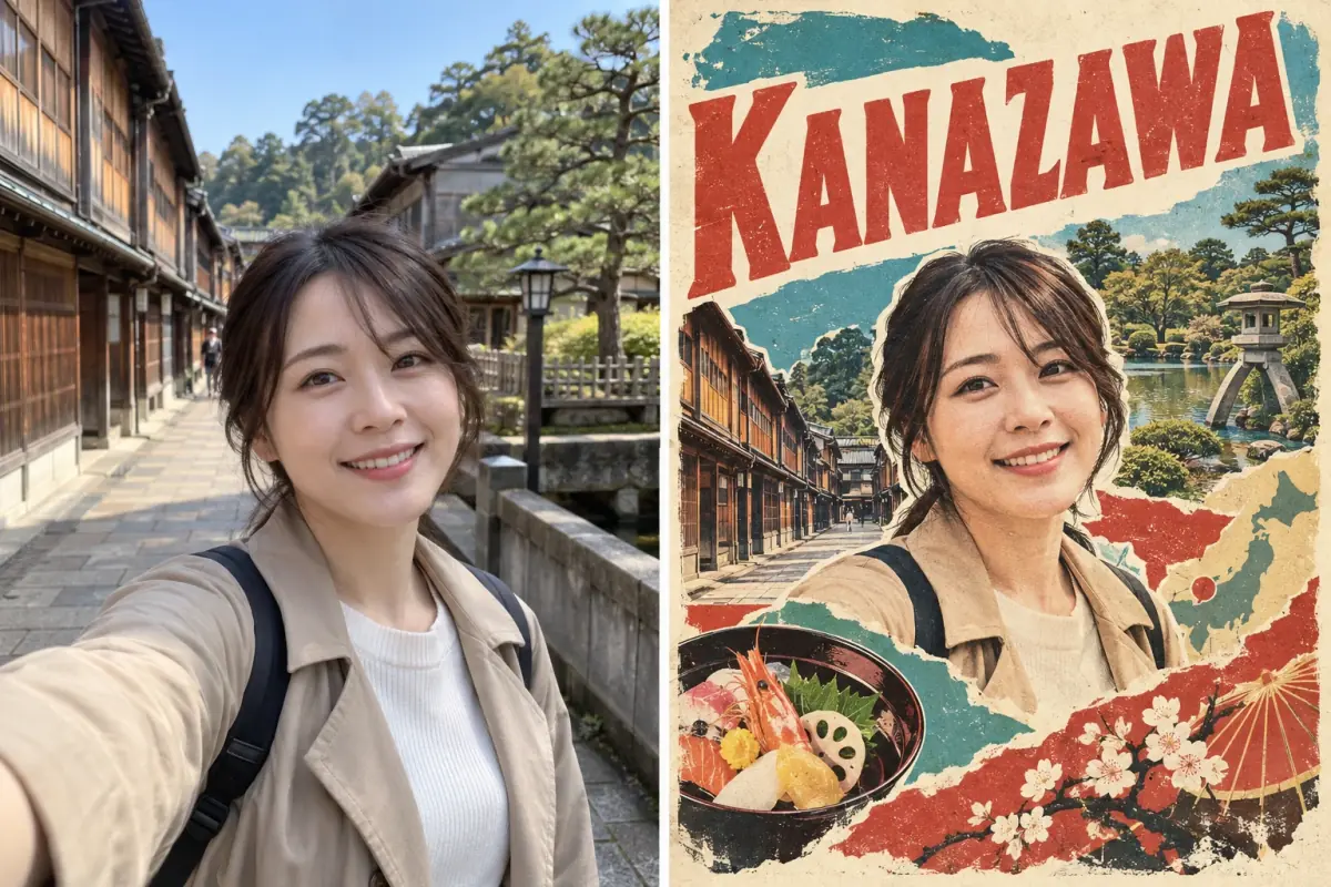 金沢のひがし茶屋街で撮った自撮りと、その人物を主役にKANAZAWAの大きなタイトル、茶屋街、兼六園の灯籠、海鮮丼を組み合わせたレトロな観光ポスター