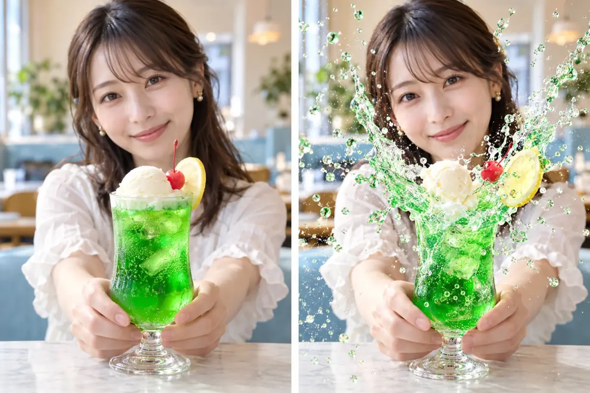 カフェでクリームソーダを差し出す女性の写真。右はグラスから緑のソーダとアイス、チェリー、レモンが勢いよく飛び出した写真