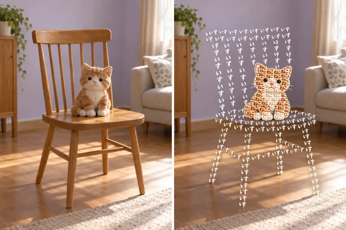 木の椅子に猫のぬいぐるみが座った写真。右は椅子が白い「いす」の文字、ぬいぐるみが茶色の「ねこ」の文字で描かれた文字アート