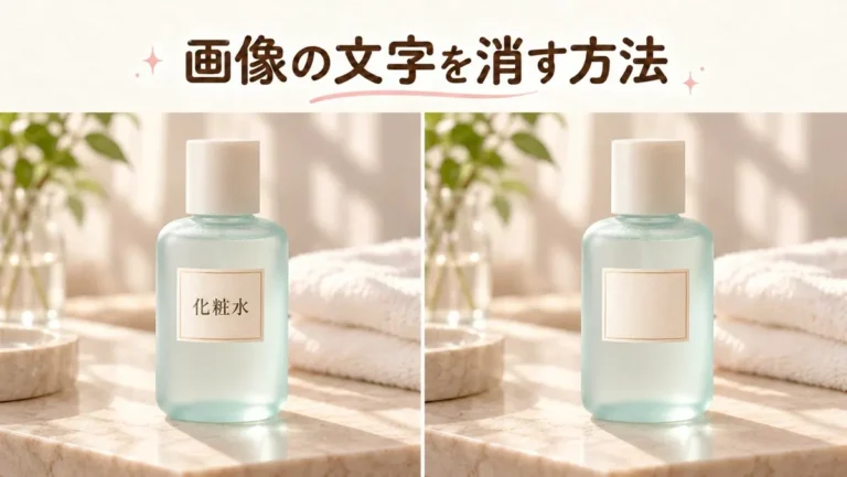 画像の文字を消す方法。化粧水のボトルのラベルの文字を消したBefore/After