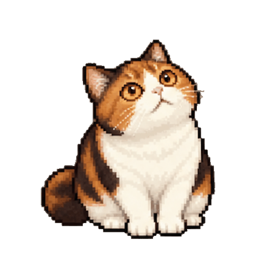 座ってぺろぺろと毛づくろいする三毛猫のドット絵GIF