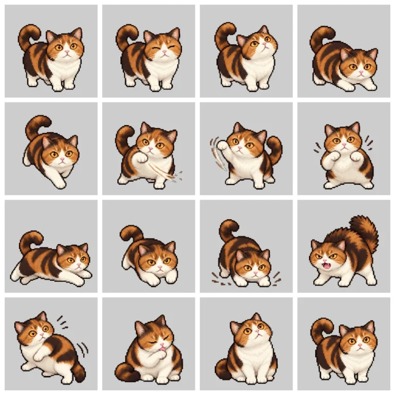 三毛猫の写真から作った16-bit風ゲームキャラクターの4×4スプライトシート