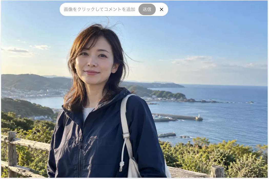 コメントモードの画面。上部に「画像をクリックしてコメントを追加」と送信ボタンが表示されている