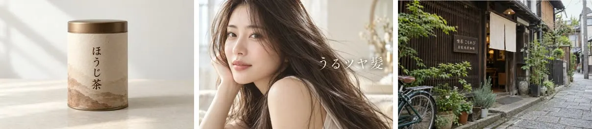 テストに使った3枚の元画像。左からほうじ茶の缶、髪に「うるツヤ髪」の文字が重なった女性、京都の町家の看板