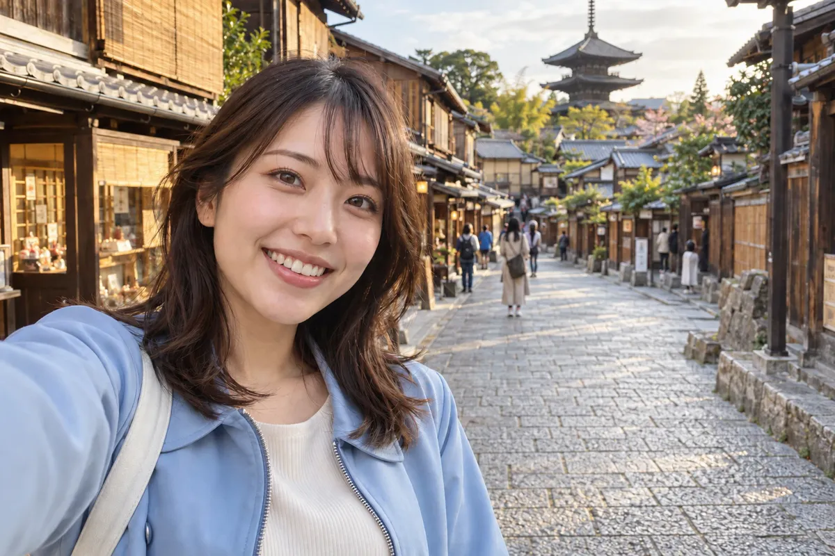 ChatGPTで右後ろの男性を消した京都の自撮り写真。男性がいた場所に町家が補われている
