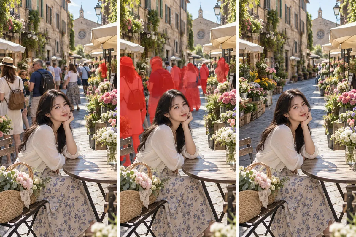 花市場のカフェ席で撮った写真から人を消す例。主役の髪のすぐ後ろにいた人たちを消した写真。左から元の写真、赤くなぞった状態、消したあと