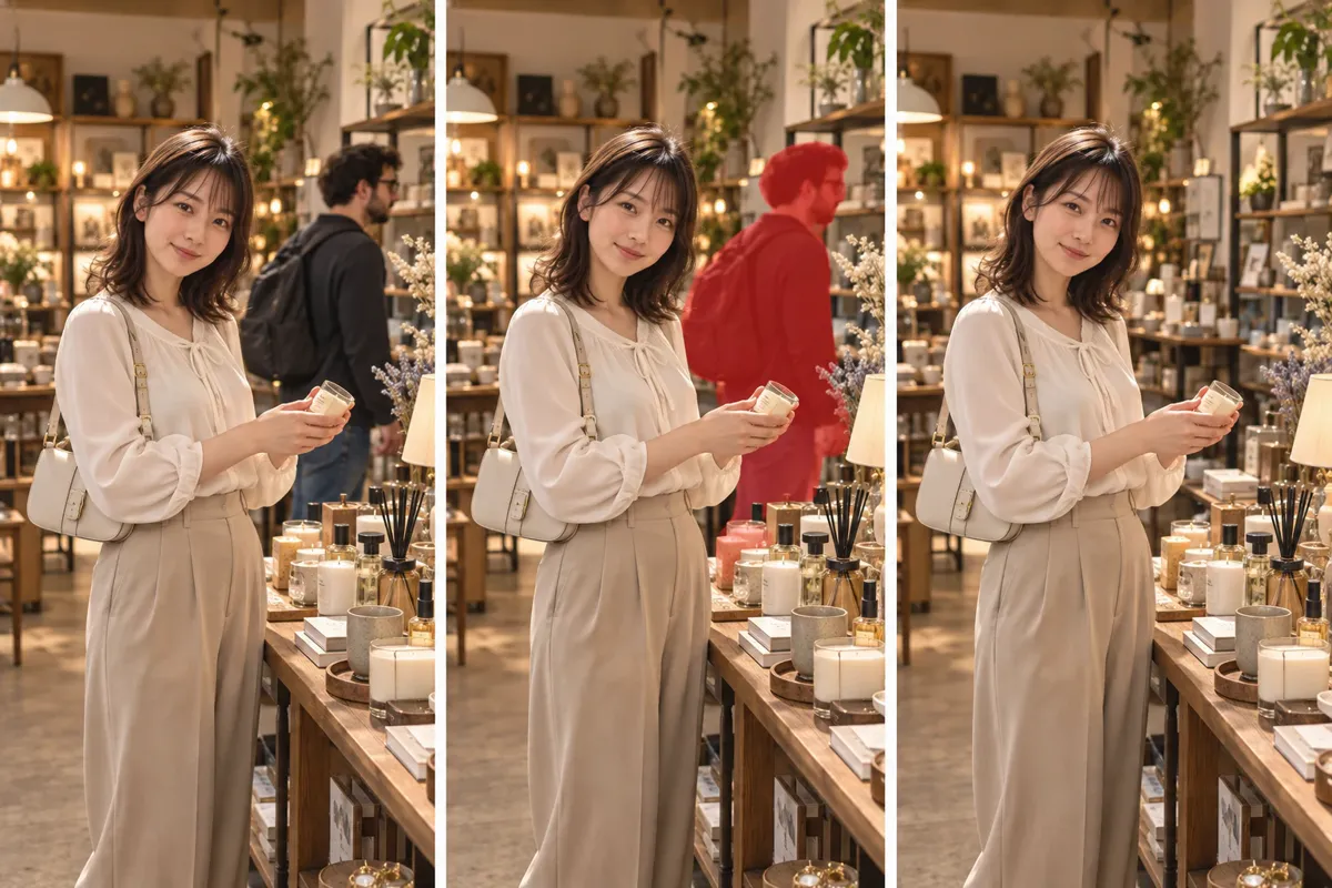 雑貨店で撮った写真から人を消す例。キャンドルを手に取る女性の後ろを通るリュックの男性を消した写真。左から元の写真、赤くなぞった状態、消したあと
