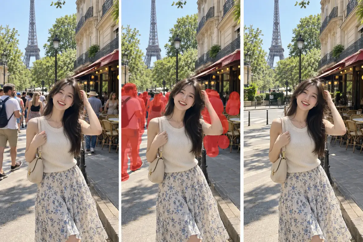 写真から人を消す例。パリのカフェ通りで、主役の女性の左右にいた通行人を赤くなぞり、Pixelcutで消したあと。左から元の写真、なぞった状態、消したあと