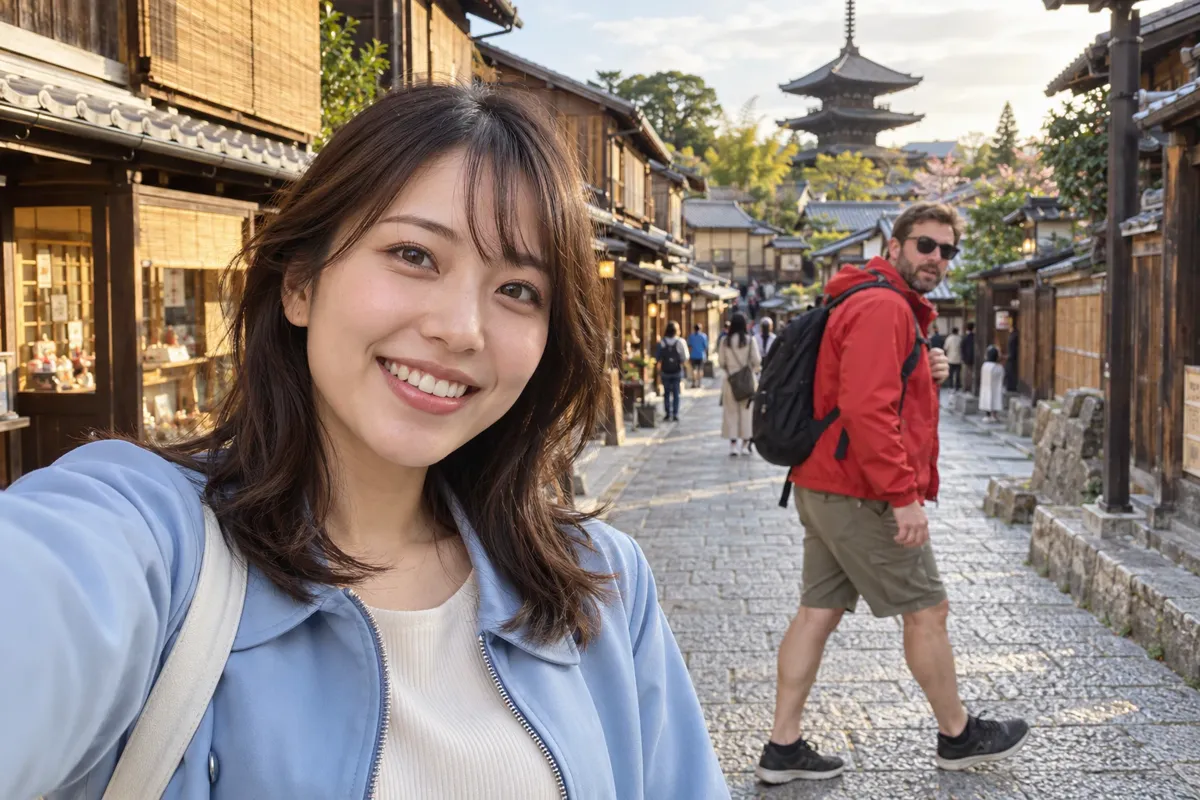 京都の石畳の通りで撮った女性の自撮り写真。右後ろに赤いジャケットとリュックの男性が写り込んでいる