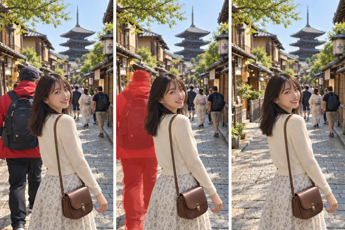 後ろの人を消す例。八坂の塔が見える石畳の道で、振り返る女性の左後ろに重なっていた赤い上着の男性を消した写真。左から元の写真、赤くなぞった状態、消したあと