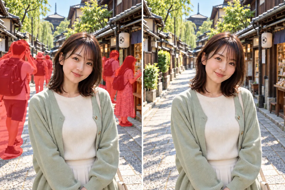 京都の通りで、主役の後ろにいた6人ほどの観光客を消したBefore/After。人がいた場所に、元の写真にはない植木鉢が補われている